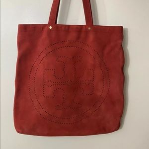 Tory Burch Large RED Perforated T Logo Suede Tote